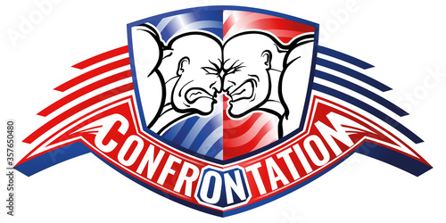 Confrontation of two parties, vs. Rage and anger on faces, against each other. Vector isolated bright logo sign for conflict, sport, manifesto, bikot, protesters and rivals