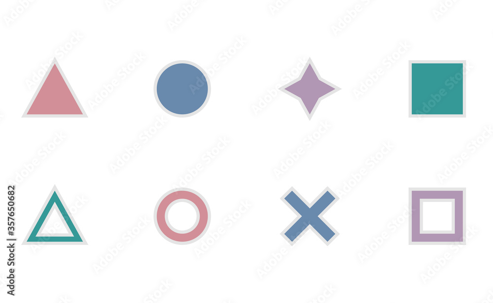 Colored simple shapes in a cartoon style with a shadow stroke. Triangle, circle, square, cross. Game icons. Isolated image. Flat style. Vector Colored simple shapes in a cartoon style with a shadow stroke. Triangle, circle, square, cross. Game icons. Isolated image. Flat style. Vector