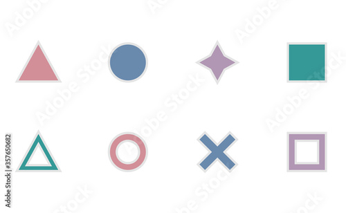Colored simple shapes in a cartoon style with a shadow stroke. Triangle, circle, square, cross. Game icons. Isolated image. Flat style. Vector