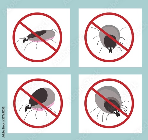 Tick parasite. Blood sucking insect. STOP MIT. Sign against insects. Insecticide.