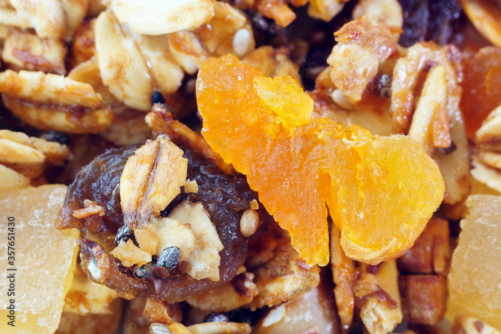 muesli heap, granule texture as background, baked muesli healthy Breakfast, close-up macro muesli heap, granule texture as background, baked muesli healthy Breakfast, close-up macro
