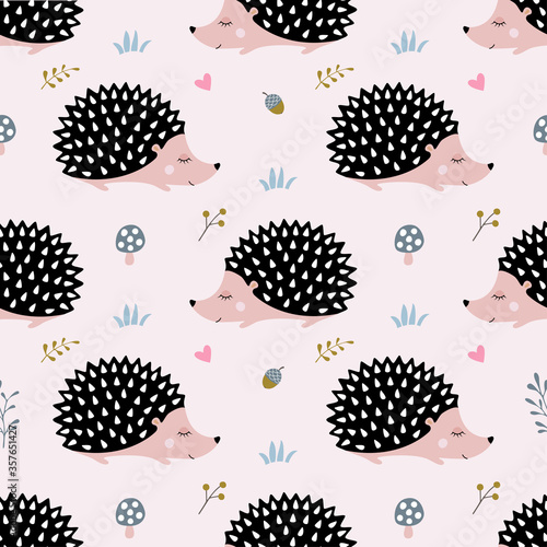 Seamless pattern with cute handdrawn hedgehogs in the forest.