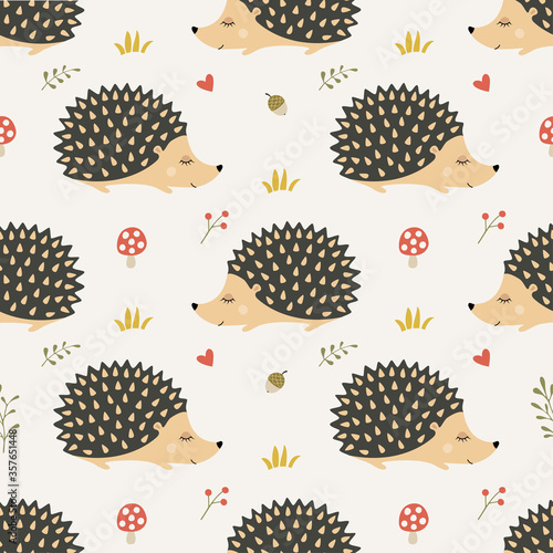 Seamless pattern with cute handdrawn hedgehogs in the forest.