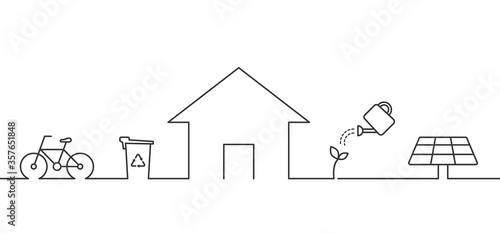 Green living concept. House, bicycle, recycle bin, solar panel, plant. Go green idea. Eco friendly home. Thin line icons. Black outline on white background. Vector illustration, flat, clip art. 