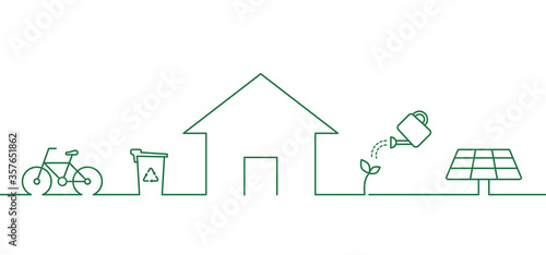 Eco friendly home. House, bicycle, recycle bin, solar panel, plant. Green living concept. Go green idea. Recycling. Thin line icons. Outline on white background. Vector illustration, flat, clip art. 