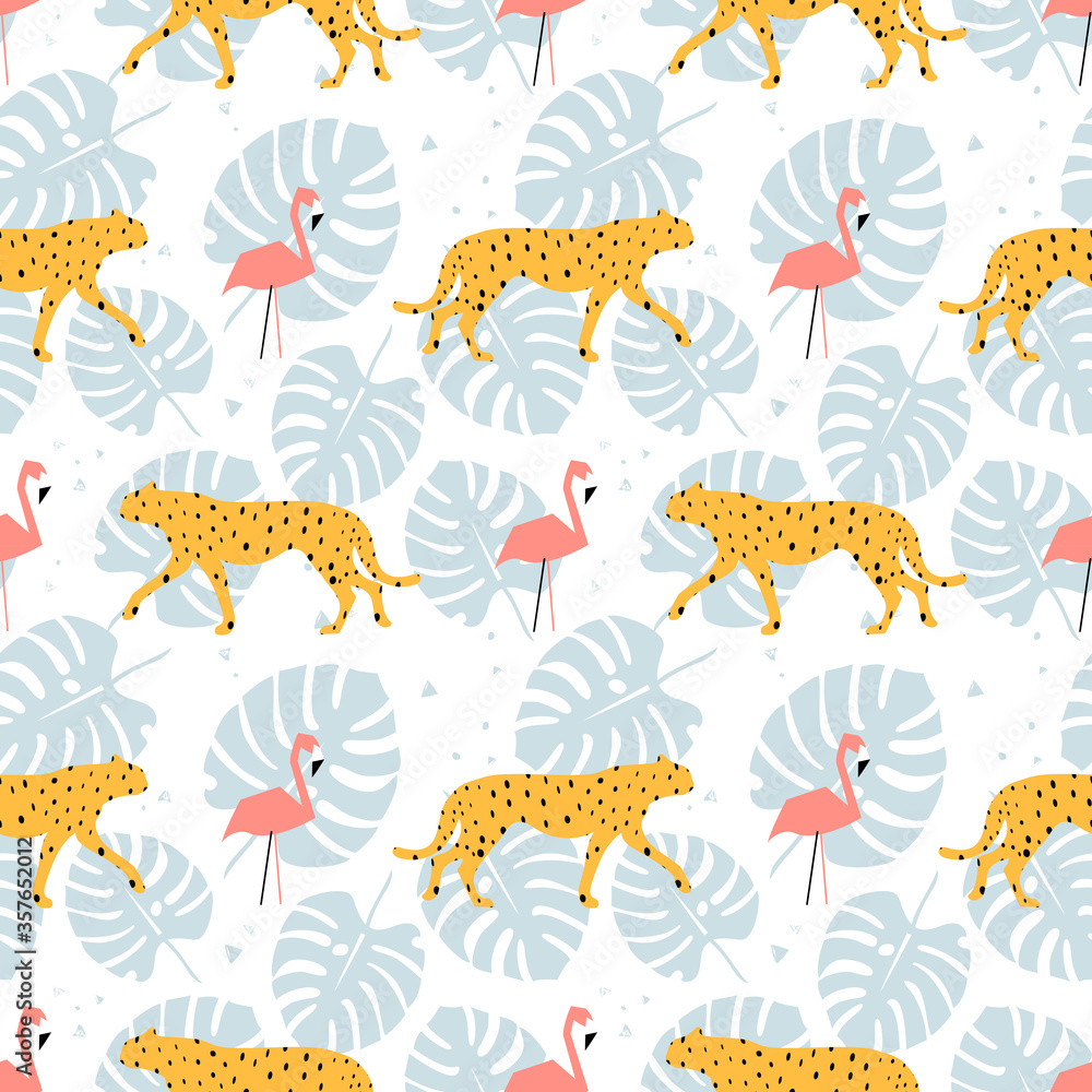 custom made wallpaper toronto digitalSeamless pattern with flamingo, cheetahs, leopards and tropical leaves in the jungle . Vector illustration