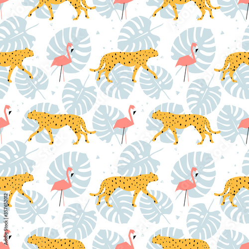Seamless pattern with flamingo    cheetahs  leopards and tropical leaves in the jungle . Vector illustration