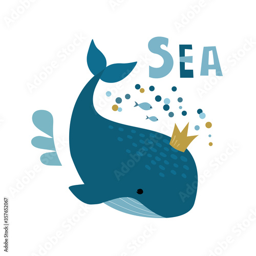 Cute whale with crown isolated on white. Childish print for apparel, nursery, cards, posters. Vector Illustration