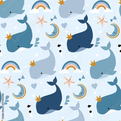 Seamless childish pattern with whales. Creative kids hand drawn texture for fabric, wrapping, textile, wallpaper, apparel. Vector illustration