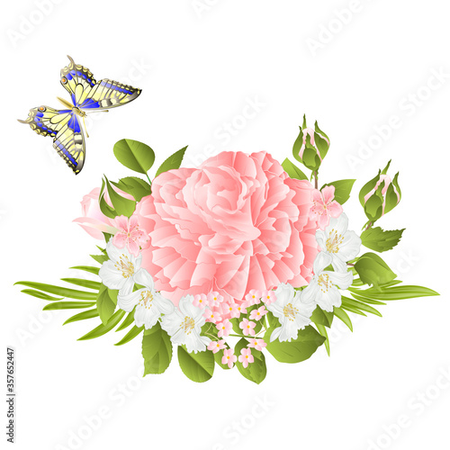 Flower pink rose  and buds jasmine and butterfly vintage  festive  background watercolor vector illustration editable hand draw