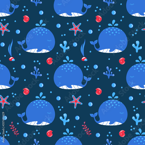 Seamless pattern with cute hand drawn whales and underwater world