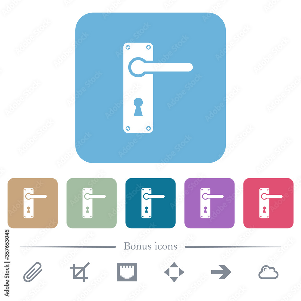 Right handed door handle with screws flat icons on color rounded square backgrounds