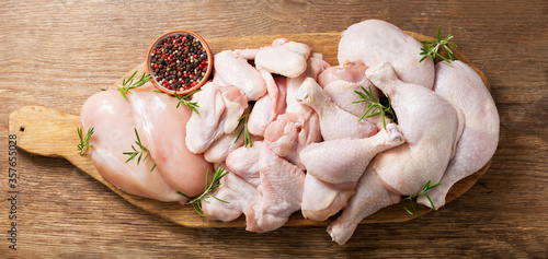 fresh chicken meat with rosemary, top view