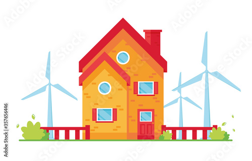 Vector illustration of an environmentally friendly house. Windy tower. Wind Energy. Caring for nature. Eco, Ecology generator. Red and Yellow. Green nature. On white background. Eps 10