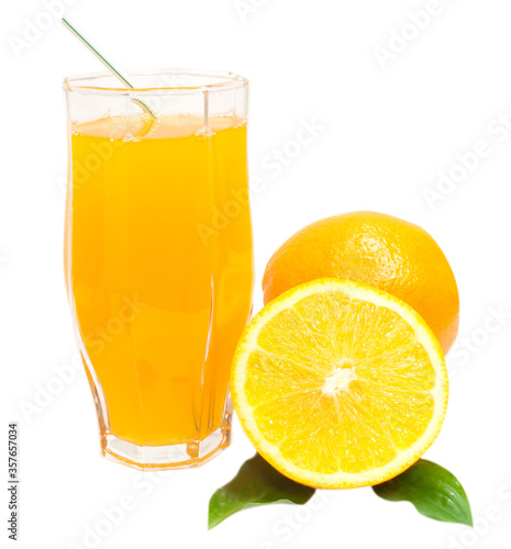 sliced oranges with glass of orange juice isolated on white background