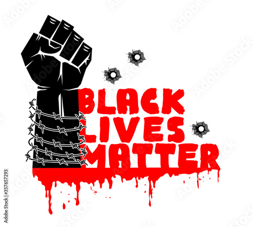 BLM protest concept poster.  Black lives matter and raised strong fist. Illustration, vector