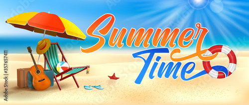 Vector Summer Time Holiday realistic illustration on beach. Beach umbrella, guitar, beach ball and sunshade. Eps 10 design.