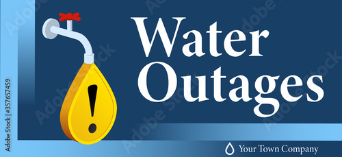 Water outages announcement. Water tap with water drop of yellow sign. Design for web news and warning people.