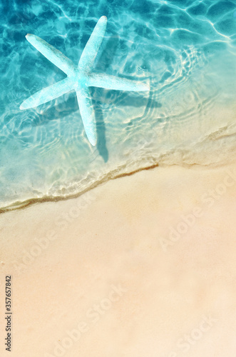Summer sand beach background. Starfish and sea. Summer concept.