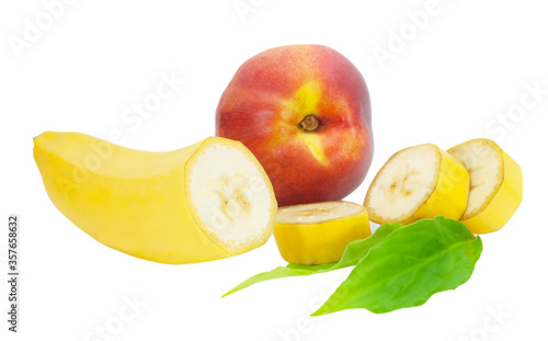 sliced banana and nectarine isolated on white background