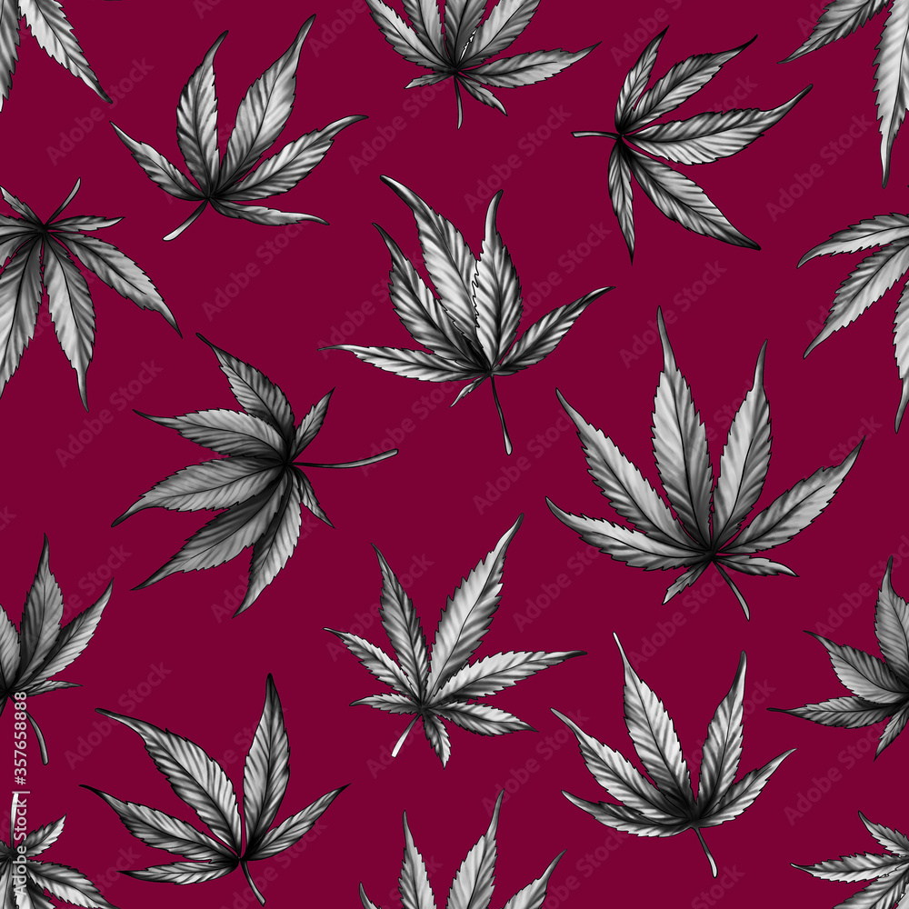  Seamless pattern of grey hemp on a black background. ganja. Marijuana pattern on red background.Hand-drawn illustration
