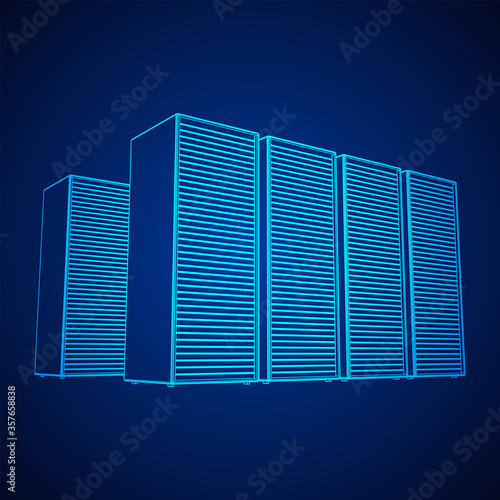 Data center storage room object. Hardware equipment telecommunication server. Computer database tower. Internet industry cluster. Wireframe low poly mesh 3d render illustration