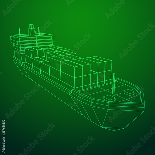Heavy dry cargo ship of bulk carrier with freight containers. Wireframe low poly mesh vector illustration.