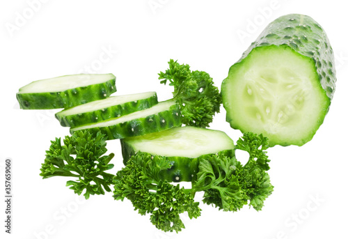 sliced fresh cucumber isolated on white background photo