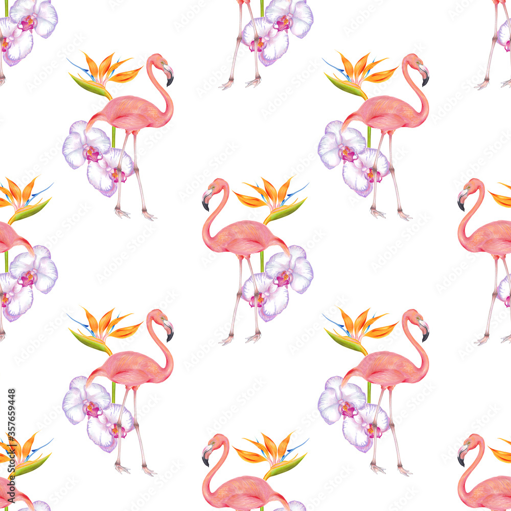 Watercolor illustration of pink flamingo bird with pink orchid flowers and strelitzia flower seamless pattern.