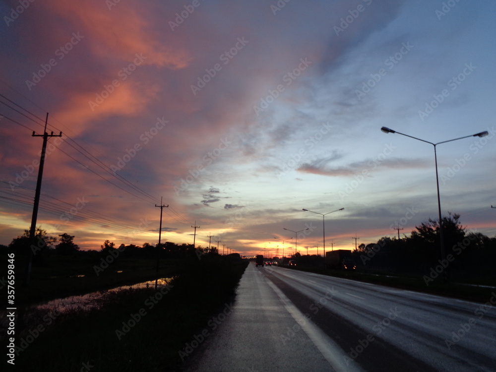 sunset on the road