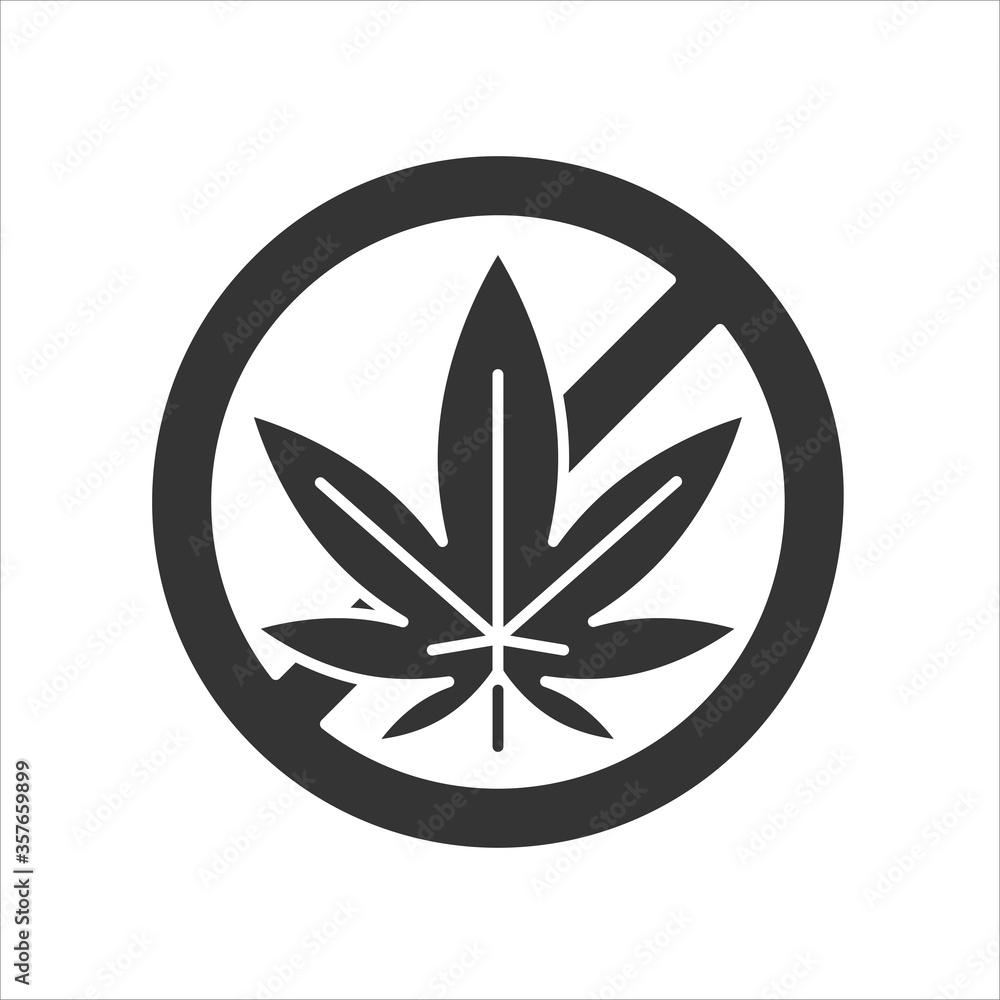 Ban leaf marijuana black glyph icon. Narcotic addiction. Stop cannabis sign. Pictogram for web page, mobile app, promo. UI UX GUI design.