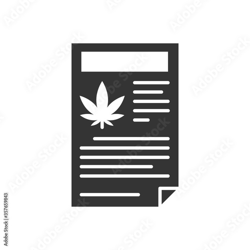 Document on legalization of marijuana black glyph icon. Medicine recipe sign. Pictogram for web page, mobile app, promo. UI UX GUI design.