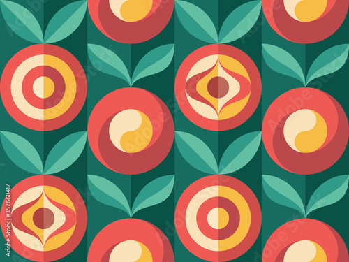 Background fruits and green leaves nature. Abstract geometric seamless pattern. Decorative ornament in flat design style. Ripe harvest banner. Floral backdrop. Organic vegetables product. Tropical.