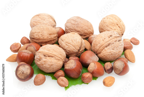 hazelnuts walnuts and almonds on green leaves isolated on white background