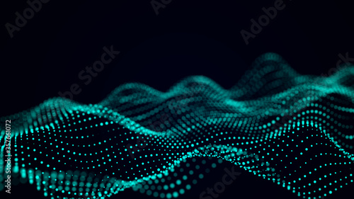 Abstract green futuristic background. Big data visualization. Digital dynamic wave of particles. 3D rendering.