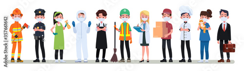Various occupations people wearing face masks. wearing medical mask for prevent virus Covid-19 Coronavirus. Vector illustration in a flat style