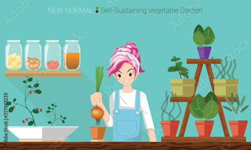 New normal Self-Sustaining concept. Woman on a balcony or patio growing plants or vegetables in a flowerpot at home. Urban home gardening or indoor veggie farming. New behavior after Covid-19 pandemic