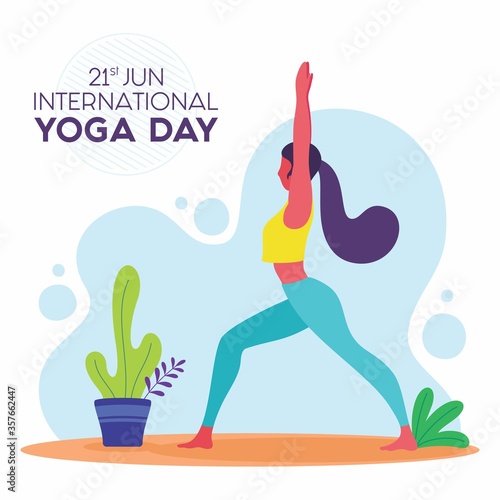 21 june-international yoga day. Women doing virabhadrasana yoga. Young woman practicing yoga. Vector illustration. 