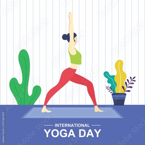 Women doing virabhadrasana yoga. 21 june-international yoga day. Young woman practicing yoga. Vector illustration.