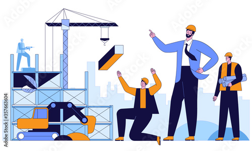 Working at construction site Engineers industrial technicians and workers team in hard hats discuss new project They're making calculated engineering decisions Vector flat horizontal illustration