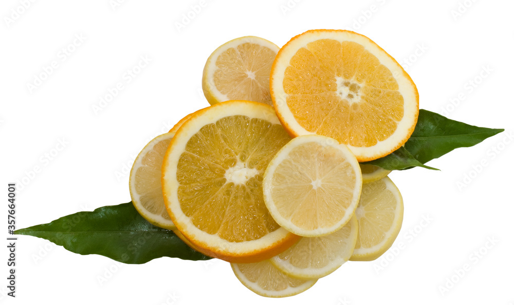 orange and lemon slices with green leaves orange and lemon slices with green leaves
