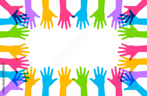 Hands up. Vector isolated illustation. Raised vector colored hands. Volunteering education business concept.