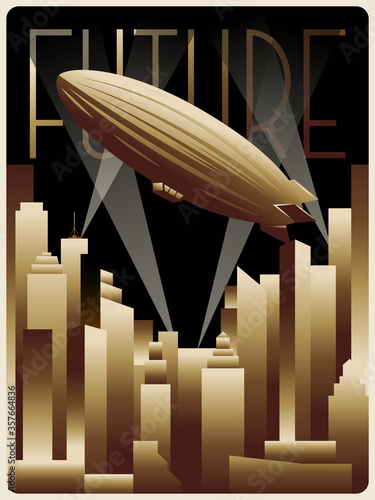 Flying Dirigible Zeppelin, Skyscraper Cityscape Retro Futurism Art Deco Style Poster