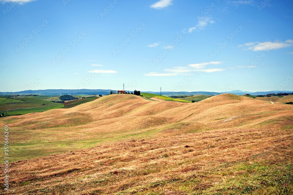 natural landscape of the Crete Senesi near Asciano in the Tuscan countryside in Siena, Italy. The Crete Senesi are typical terrain features characterized by gullies, cliffs and biancane.