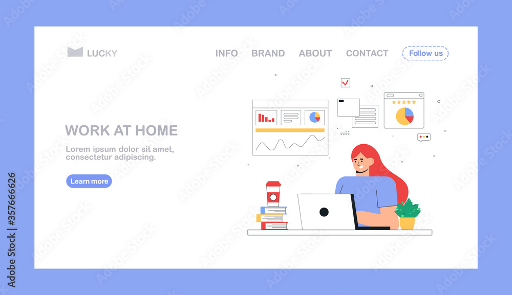 Woman freelancer working at home in laptop. Home office concept, online education or social media concept. Flat style vector for landing page,flyer. Woman freelancer working at home in laptop. Home office concept, online education or social media concept. Flat style vector for landing page,flyer.