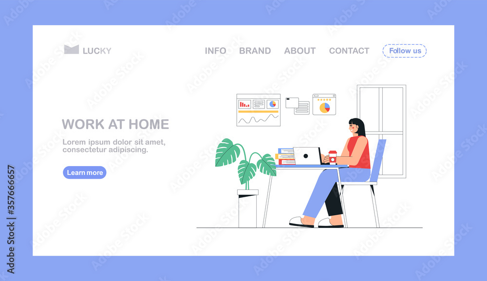 Freelance, online education or social media concept. Home office concept, woman working, sitting with laptop at home. Flat style vector illustration for landing page,flyer.