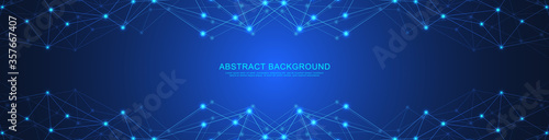 Website header or banner design with abstract geometric background and connecting dots and lines. Global network connection. Digital technology with plexus background and space for your text.