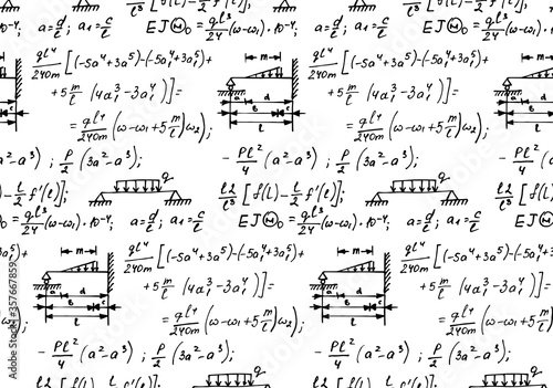 Physical equations and formulas on whiteboard. Vector hand-drawn seamless pattern. Education and scientific background.
