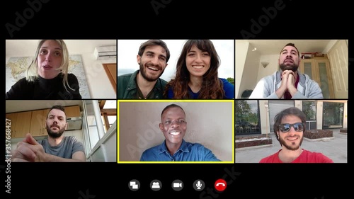 Wallpaper Mural young woman telling her colleagues on video call he meeting with the boss Torontodigital.ca