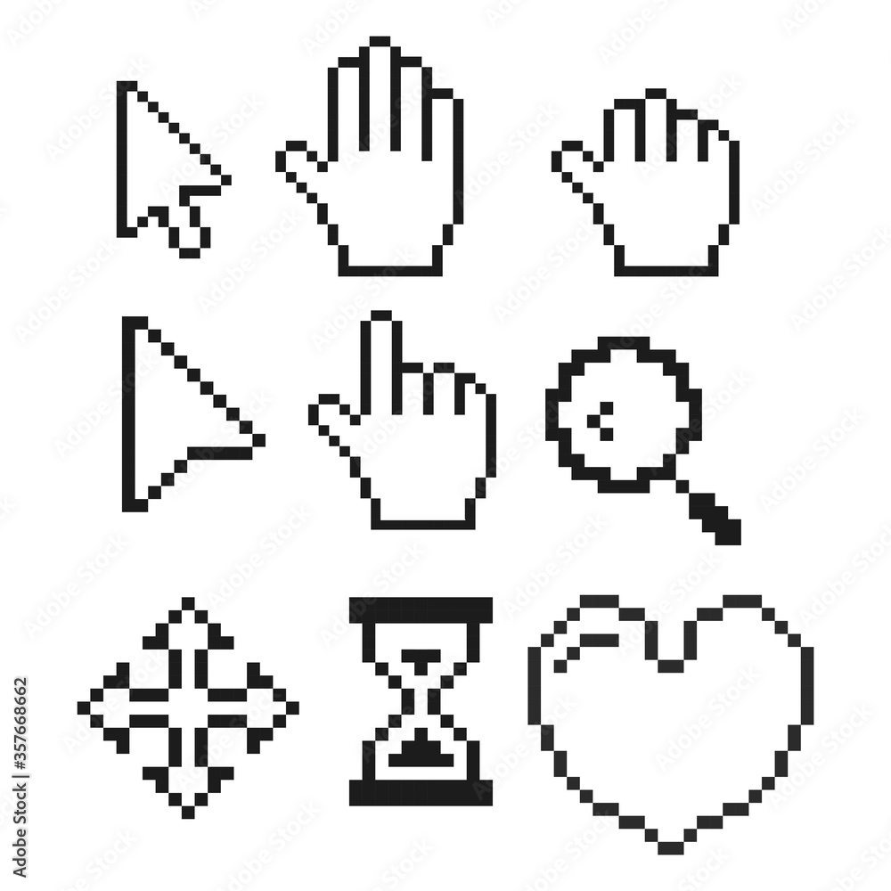 Pixel Cursors Set, cursor arrow, hand cursor. Computer mouse pointer